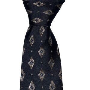 Bellini Mens Geometric Diamond Pattern Black Gold Blue Necktie Hand Made Formal